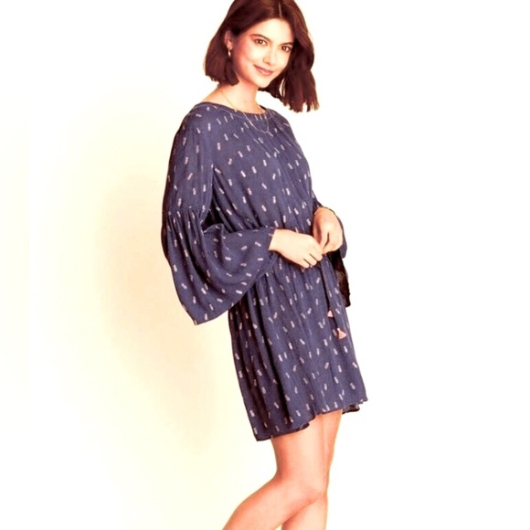 NWT HATLEY Selena Boho Tunic Dress Navy Silver Pineapples Tassels XS MSRP $268 - Picture 1 of 9